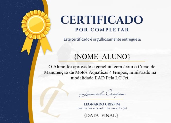 Modelo do certificado de conclusão do curso de Manutenção de Motos Aquáticas 4 Tempos, assinado por Leonardo Crispim