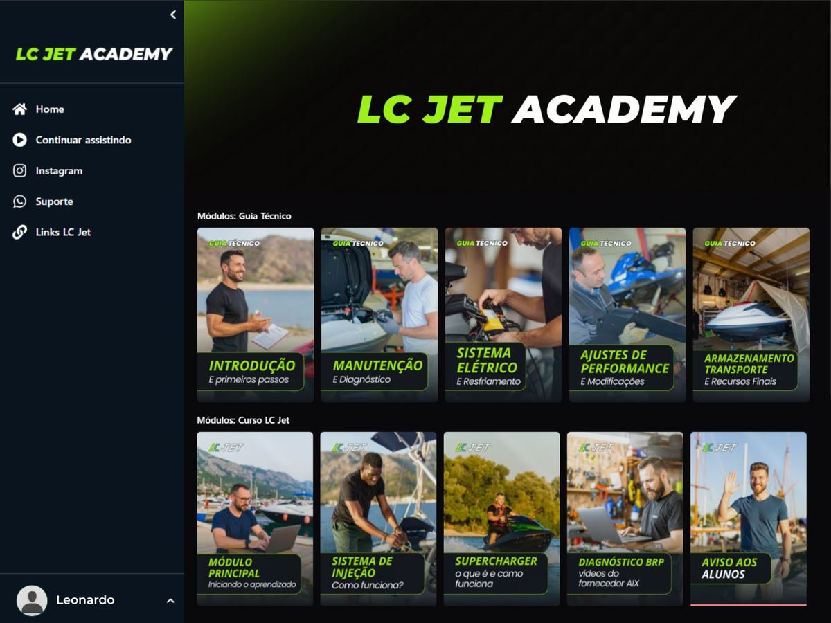 Tela da plataforma LC Jet Academy no computador, com os módulos do Guia Técnico e do curso